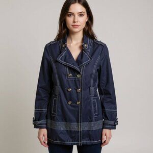 LAUNDRY by SHELLI SEGAL Women's Blue Contrast Stitch Long Jacket Size Medium